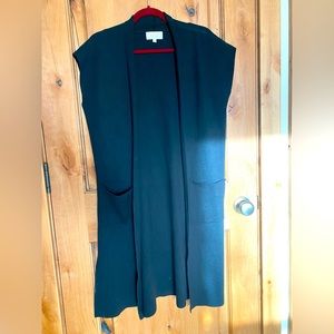 Joan Vass long vest sweater sleeveless open front deep pockets - black